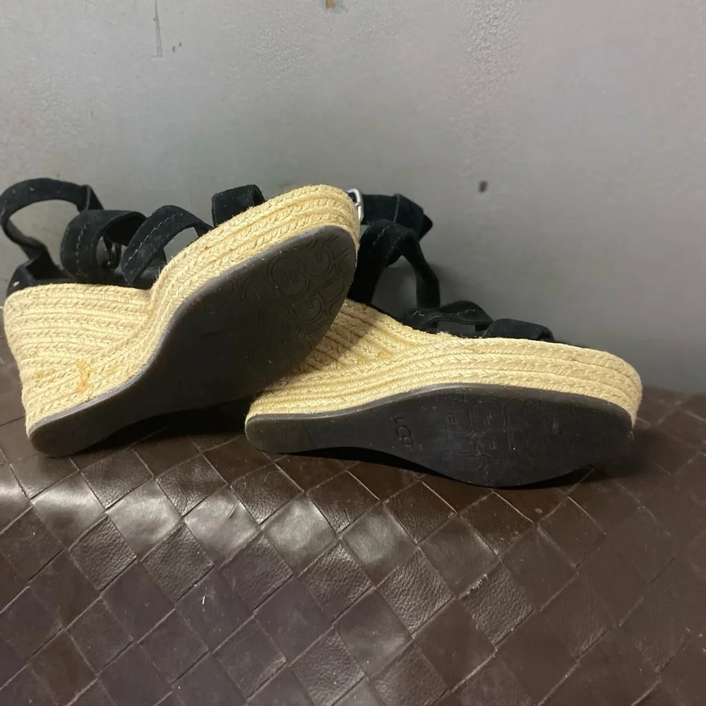 UGG Black Suede Espadrille Wedge Sandals with Ankle Strap - Picture 5 of 5